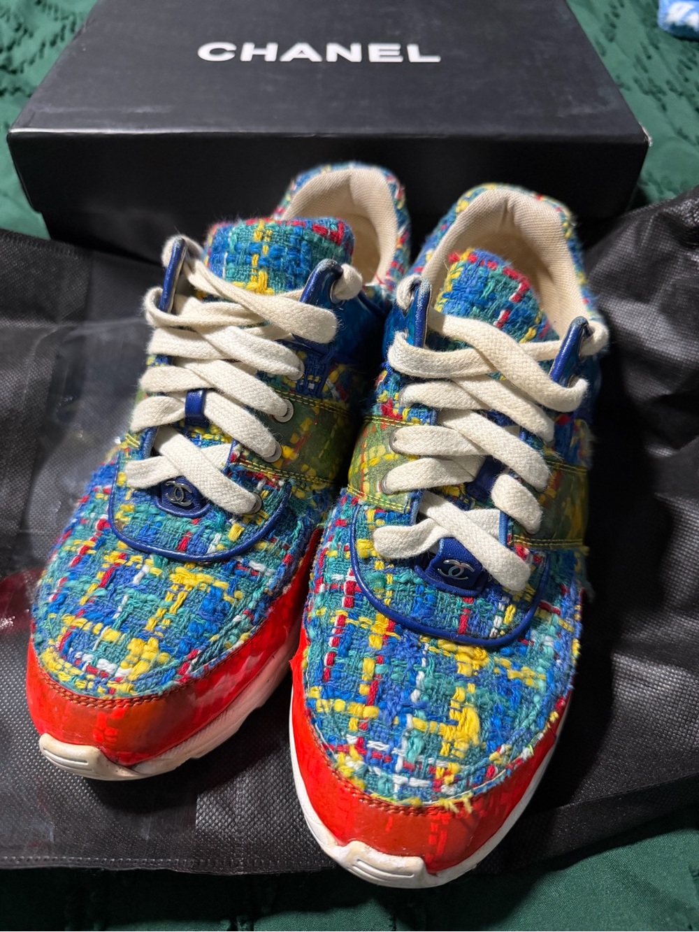 Chanel Multicolor Tweed & Red Patent Sneakers